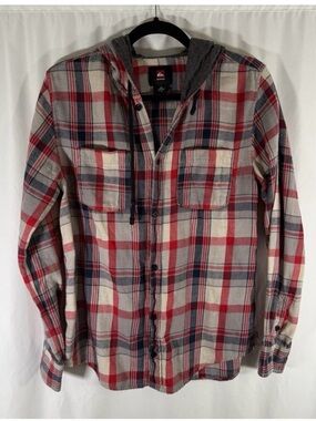 Quicksilver Flannel Hoodie Men's Small Brown Red Plaid Button Up Drawstring